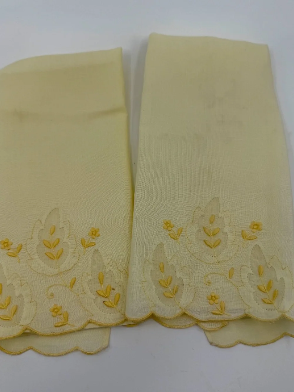 Pair Vintage Embroidered Pale Yellow Madeira Linen & Organza Fingertip Towels